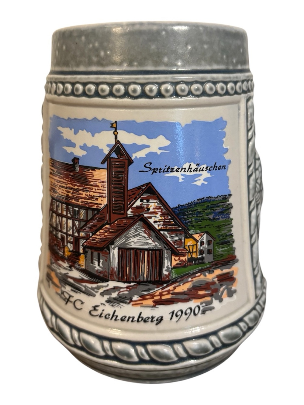 Vintage Traditional Ceramic Beer Stein with Blue Village Scene Collectors Travel